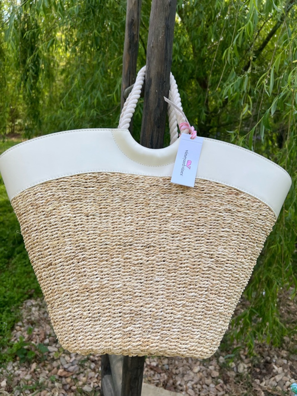 Vineyard Vines Natural Straw Tote with White Trim and Rope Handles